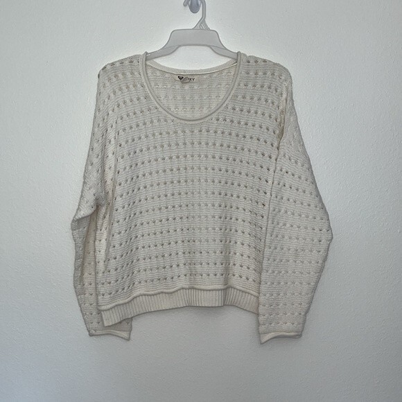 Roxy Womans White Sweater Boho Boxy Beachy Medium - Picture 2 of 11